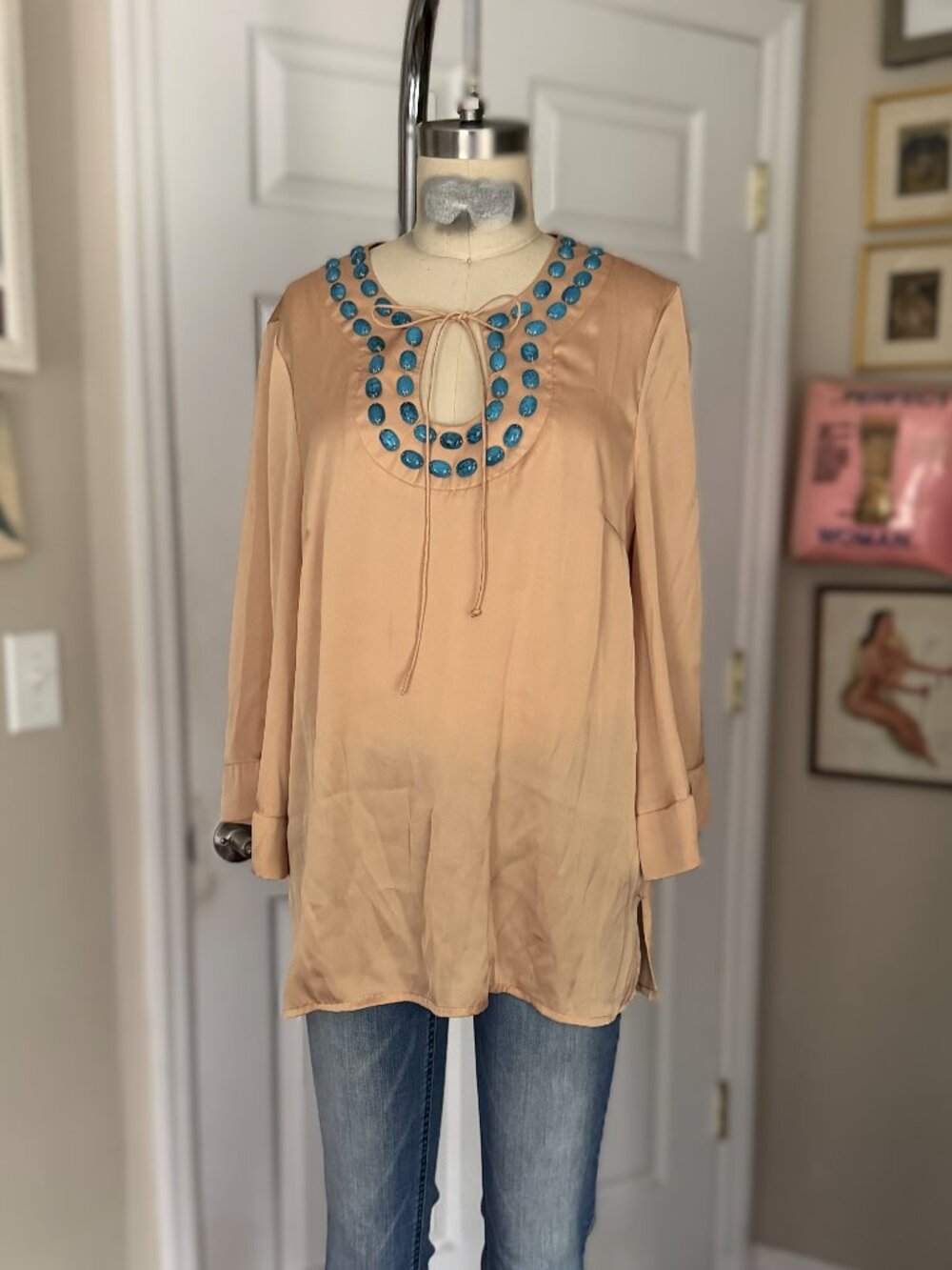 HOT IN HOLLYWOOD Peach Turquoise Collar BOHEMIAN Blouse Tunic Shirt *MEDIUM*
